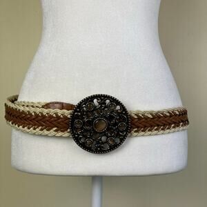 Womens Braided Two-toned Leather Belt with Large Jeweled Embossed Metal Buckle